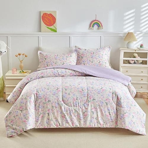 Joyreap 3pcs Floral Cotton Comforter Set for Girls, Pink Purple Flowers on Light Khaki Design, Twin Size Soft n Cozy Bedding Comforter Set for All Season- 68x88 inches thumbnail 2