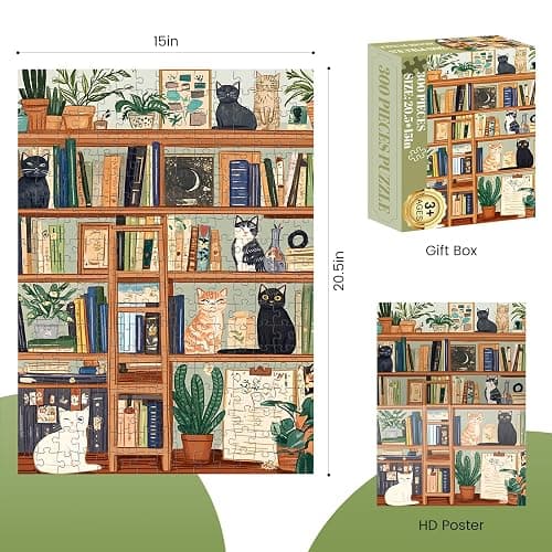 300 Piece Puzzles for Adults, Charming Cat Bookshelf Jigsaw Puzzle, Cozy and Relaxing 300 Piece Puzzle, Perfect for Family Time, Stress Relief, Home Wall Decor, Great Gift for Adults, Kids, Seniors thumbnail 2