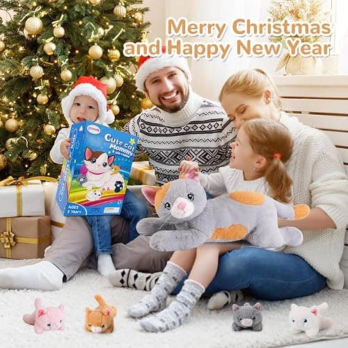 gnomantic 5 Pieces Cat Stuffed Animals with Babies Inside Belly - 1 Mommy Stuffed Cat with 4 Kittens - Stuffed Kitty Plush Toys for Kid Age 3-8, Gift Ideal for Christmas, Valentine's, Birthday (Grey) - Grey Cat thumbnail 7