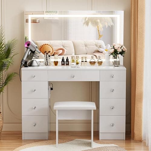 VOWNER Vanity With Lighted Mirror - Makeup Desk With Power Outlet and 9 Drawers, 3 Color Lighting Modes Adjustable Brightness, 43" Table With Soft Cushioned Stool for Bedroom, White thumbnail 8