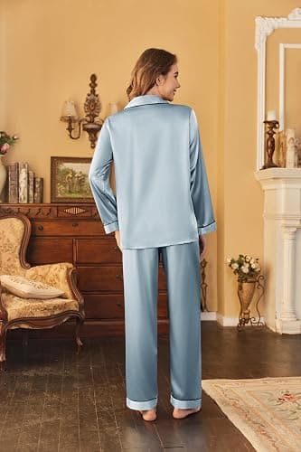 Ekouaer Women's Classic Button Down Long Satin Silk Pajama Set - Clear Blue - Small thumbnail 4