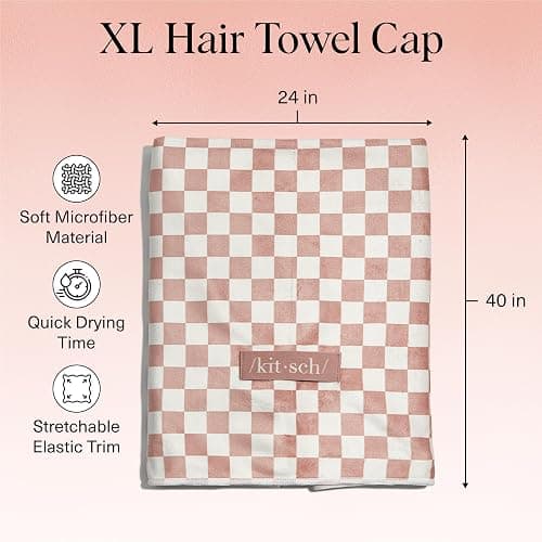 Kitsch Love & Comfort 2PC Spa Set - Satin Lined Reusable Waterproof Shower Cap and XL Quick Dry Hair Towel Wrap for Women, Microfiber Towel, Flexi Shower Cap For All Hair Types - Terracotta Checker thumbnail 4