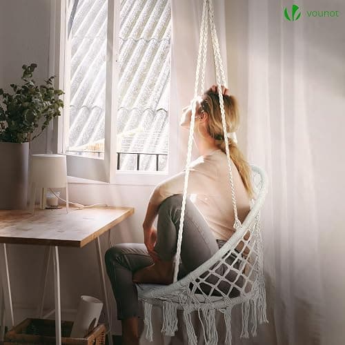 VOUNOT Swing Chair with Round Seat Cushion, Macrame Hammock Hanging Chair for Indoor, Outdoor, Beige thumbnail 2
