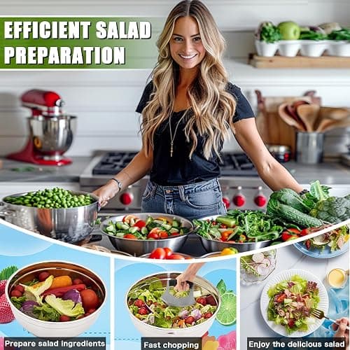 ZMCYNG Salad Chopper Bowl - Stainless Steel Salad Chopping Bowl, Salad Chopper Bowl and Cutter with Lid, Chef Grade Salad Chopper Blade and Bowl, Mezzaluna Mincing Knife, Super-fast Salad Prep thumbnail 3