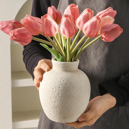 Vanselia Ceramic Flower Vase Home Decor - Small Farmhouse Table Vases Rustic Vintage Living Room Kitchen Bedroom Decorations for House Book Shelf Office Coffee Desk Dining Fireplace (6" Rustic) thumbnail 3