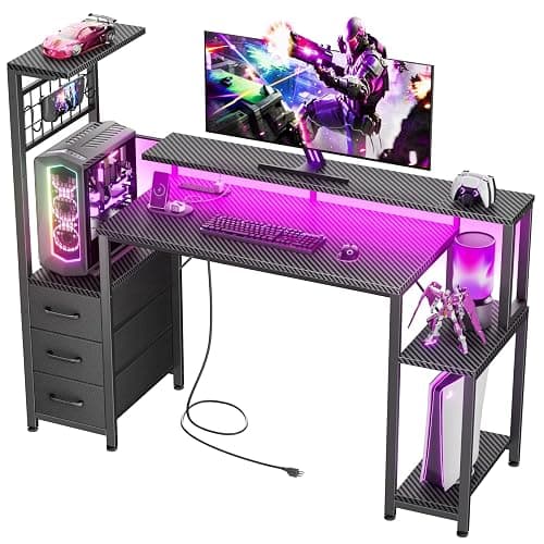 Korfile 48 Inch Gaming Desk with LED Lights & Power Outlets,Computer Desk with Fabric Drawers & Side Hook,Reversible Gamer Table with Monitor Stand for Game Room,Home Office,Carbon Fiber Black - Image 1