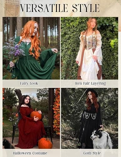Scarlet Darkness Renaissance Dress Women Off Shoulder Bell Sleeve Dress | Bell Sleeve, Pockets, High Low Hem, for Fairy Goth Halloween Pirate Party thumbnail 6