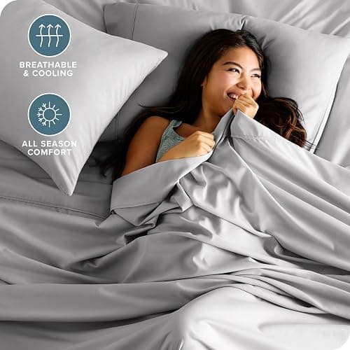 Bare Home Queen Sheet Set - Luxury 1800 Ultra-Soft Microfiber - Double Brushed - Deep Pockets - Easy Fit - 4 Piece Set - Bedding Sheets & Pillowcases (Queen, Light Grey) thumbnail 3
