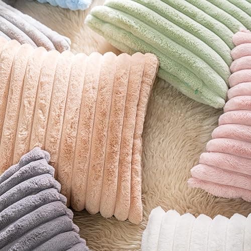 DEELAND Pack of 2 Faux Fur Plush Decorative Throw Pillow Covers Fuzzy Striped Soft Pillowcase Cushion Covers for Sofa Couch Bedroom 16x16 inch thumbnail 5