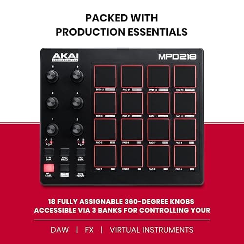 Akai Professional MPD218 - USB MIDI Controller with 16 MPC Drum Pads, 6 Assignable Knobs, Note Repeat and Full Level Buttons and Production Software thumbnail 3