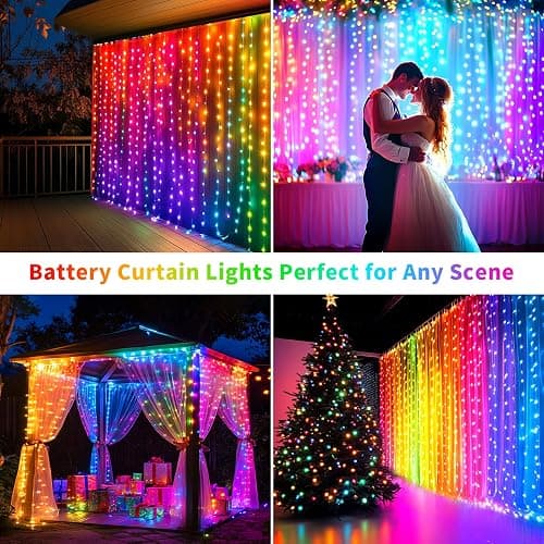 Curtain Lights Battery Operated 10x10Ft 300LED Waterproof Waterfall Light with 8 Modes Remote Dimmable Timer Memory Twinkle Fairy String Lights for Outdoor Indoor Gazebo Wedding Pergola Patio Bedroom thumbnail 6