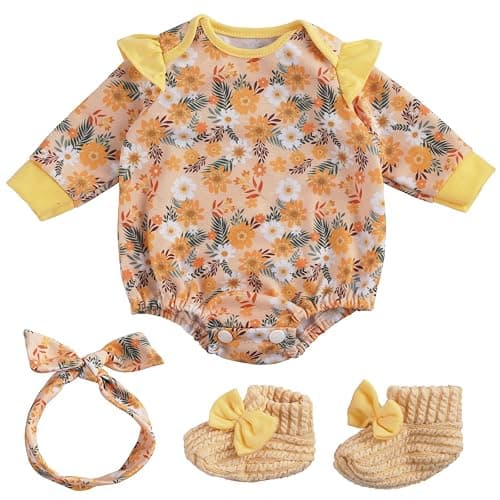BABESIDE 3 Pcs Reborn Baby Doll Clothes for 17-22 Inch Baby Dolls | Floral Pattern Reborn Doll Clothes with Shoes and Headband for Lifelike Reborn Baby Dolls Accessories, Yellow - Image 1