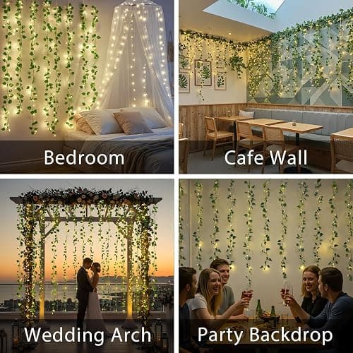 suddus 200 LED Vine with Light Plug in, 6.5ft x 6.5ft Pothos Fairy Curtain Lights with Remote, Leaf Fairy Lights for Wall,Bedroom, Dorm, Wedding, Party, Indoor Decor(Warm White) thumbnail 6