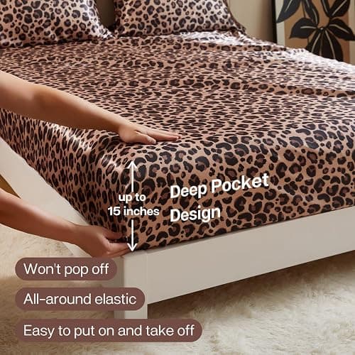 MR&HM Satin Fitted Sheet Twin Size, Elastic Corner Straps, Brown Leopard | 15" Deep Pocket, Secure Fit, No Slipping or Bunching, Silk-Like Feel, Cooling & Breathable, Gentle on Hair & Skin, 1 Pc thumbnail 5