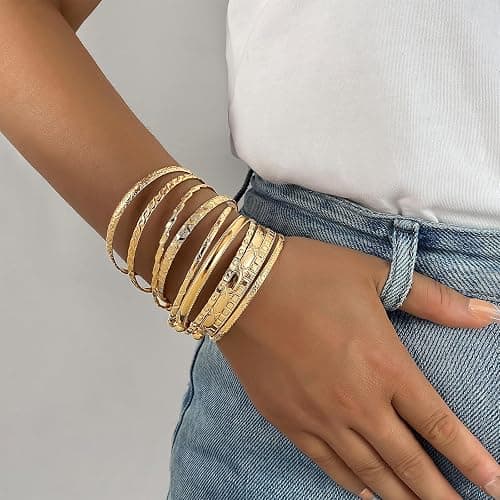 IFKM Gold Bangles Bracelets For Women, 14k Gold Plated Multi Layer Stackable Open Bracelet Set, Elegance Trendy Charms Non Tarnish Minimalist Textured Boho Jewelry Gift for Women thumbnail 2
