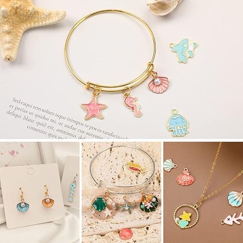 MARFOREVER 120 Pcs Ocean Themed Sea Charms for Jewelry Making, Assorted Gold Enamel Starfish Seashell Marine Pendants for Necklace Earring Bracelet Crafting Holiday Gifts for Women Mom Girls thumbnail 6