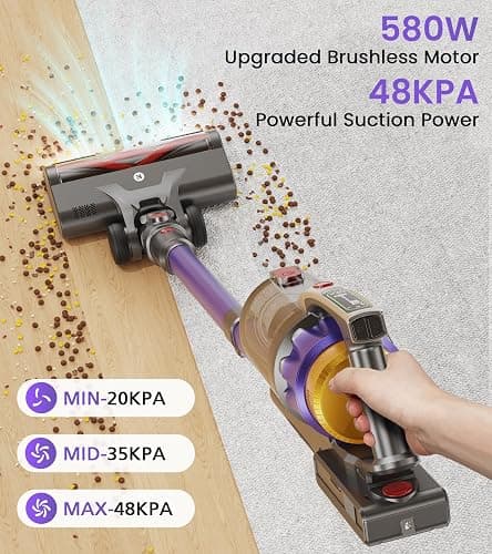 NADALY Cordless Vacuum Cleaner, 2025 New 580W 48KPA 65Mins Stick Vacuum Cordless Rechargeable, Anti-Tangle, Lightweight, Self-Standing Vacuum Cleaners for Home, Vacuum for Pet Hair/Carpet/Hard Floor thumbnail 2