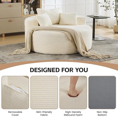 55" Oversized Round Chaise Lounge Indoor, Corduroy Boneless Bean Bag Chair, Compressed Cloud Floor Sofa, No Assembly Comfy Oversized Round Chair Fluffy Accent Chair for Living Room Bedroom, Beige thumbnail 4