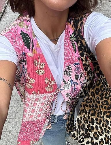 Yimoon Women's Cropped Quilted Vest Floral Printed Puffer Vest Lightweight Sleeveless Tie Front Padded Gilet Outwear thumbnail 4
