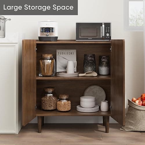Smuxee Walnut Sideboard Cabinet, Freestanding Buffet Cabinet with Curved Edge Design, Wood Storage Cabinet with Adjustable Shelf for Living Room, Hallway, Entryway thumbnail 6