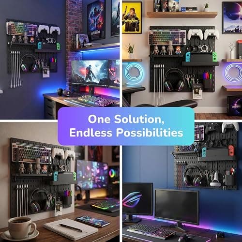Keepo Pegboard Combination Kit, Pegboards and Accessories Modular Hanging for Gaming Setup, Gaming Station Peg Board, Gaming Organizer, Wall Game Controller Holder, Headset Stand (Black, 22″×22″) thumbnail 7