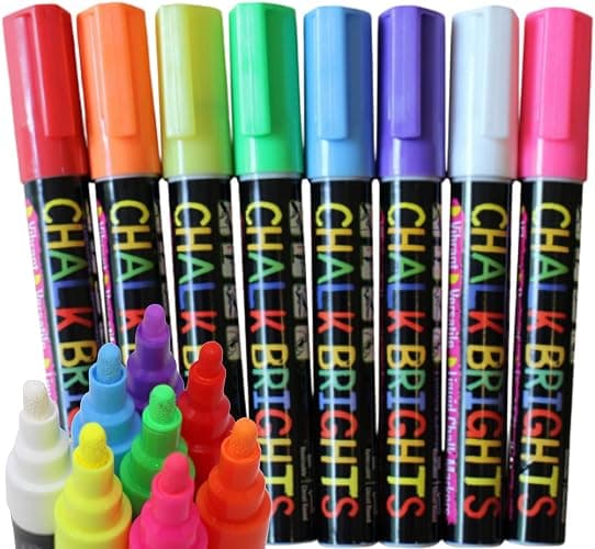 Chalk Pens for Blackboards Glass and Windows - 8 Coloured Chalk Markers | Reversible 6mm Bullet & Chisel Tips, Wipe-Clean Liquid Ink, Neon Shades, for Tuff Trays, Menus & Pavement Signs - Image 1