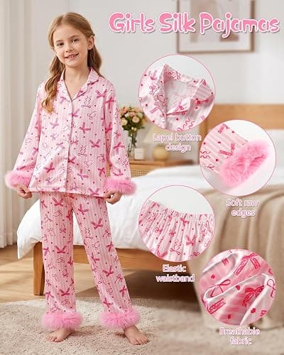 CARETOO Girls 2 Piece Pajamas Set Satin Sleepwear Long Sleeve Jammies for Kids Button-Down Nightwear Loungewear 4-12 Years thumbnail 5