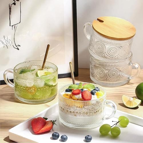Vintage Glass Coffee Mugs 4 Set, 14oz Overnight Oats Containers with Bamboo Lids and spoon, Glass Tea Cups, Coffee Bar Accessories, Ideal Birthday, Holiday Gifts for Women thumbnail 6