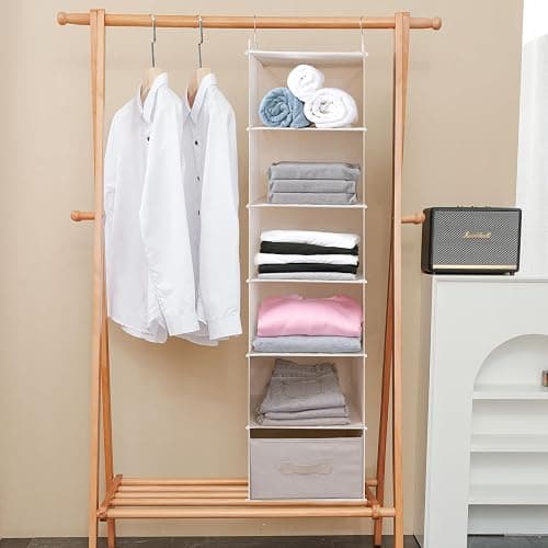 tulinstiraga Large Hanging Sweater Organizer for Closet,Collapsible 6-Shelf Hanging Closet Shelves with Drawers, Washable (Beige -6 Shelf-1 d) thumbnail 7