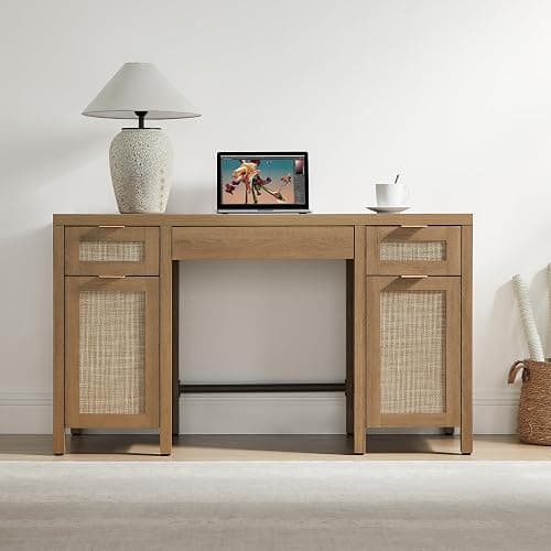 SICOTAS 52" Rattan Home Office Desk with 3 Drawers: Boho Executive Desk with 2 Storage Cabinets, Large Computer Writing Table for Study, Office, Living Room thumbnail 4