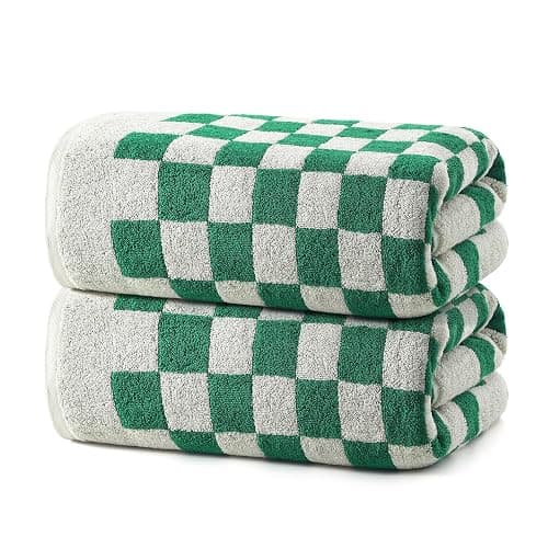 REDKISS Green Checkered Bath Towels Set - 2 Piece Large Shower Towels for Bathroom Decoration, Highly Absorbent Cotton Bath Towel of 2, Cute Checkered Shower Retro Towel for Bathroom - Image 1