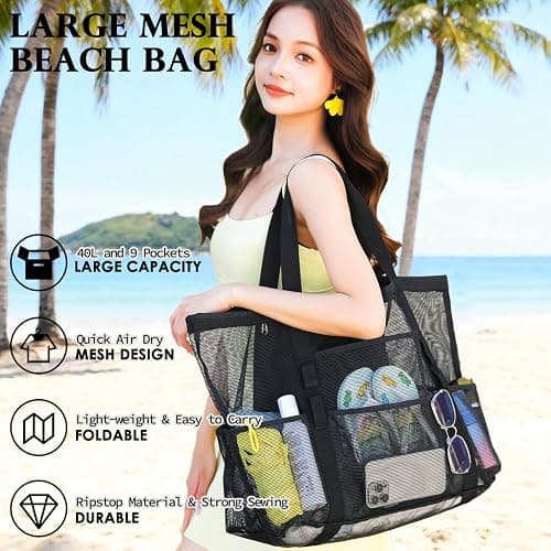 Fammart Mesh Beach Bag, Large Beach Tote with Zipper Pocket, Toys Pool Bag for Family Travel Vacation Cruise Essentials thumbnail 3