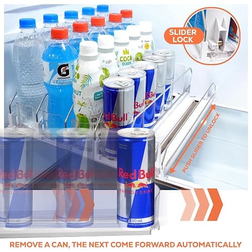 Upgraded Premium Drink Organizer for Fridge. Ultra Space Saving Drink Dispenser for Refrigerator with Larger Stopper Height and Automatic Pusher with Locking Feature. Holds 25 Cans (5 Rows, White) thumbnail 4