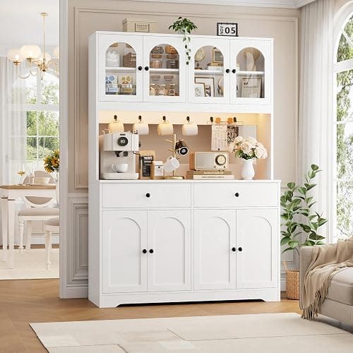 HIFIT 71" LED Kitchen Pantry Cabinet with Power Outlet, Large Kitchen Hutch Storage Cabinet with Arched Door & Shelves & 2 Drawers, Tall Modern Coffee Bar with Hutch for Home Dining Living Room, White thumbnail 8