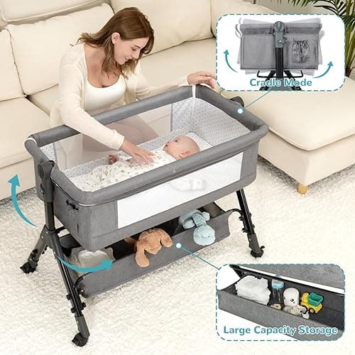 3 in 1 Baby Bassinet Bedside Sleeper, Bedside Crib for Baby, Adjustable Baby Bassinet with Wheels, Storage Basket, Mattress, Easy Assemble & Folding Portable Baby Cradle (Grey) - Grey thumbnail 2