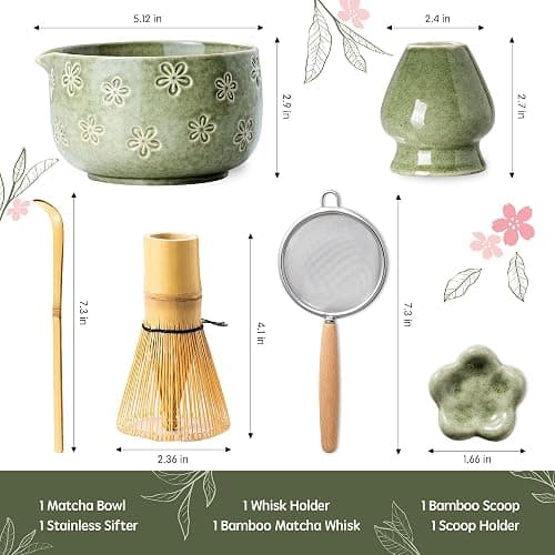 Veraelle Matcha Whisk Set, Ceramic Matcha Set, 6 Pcs Matcha Kit Includes Matcha Bowl, Matcha Whisk with Holder, Bamboo Scoop, Scoop Rest, Sifter, Ceremonial Matcha Tea Set, Perfect Gifts, Green thumbnail 2