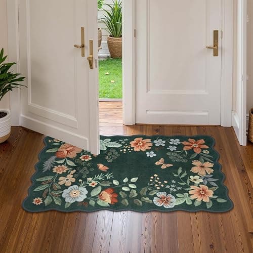 Lahome Floral Green Rugs for Entryway, 2X3 Washable Kitchen Rugs Non Slip Soft Rug, Ultra-Thin Indoor Door Mat Boho Small Throw Carpet for Bathroom Bedroom Flore (2x3ft, Dark Green) thumbnail 2