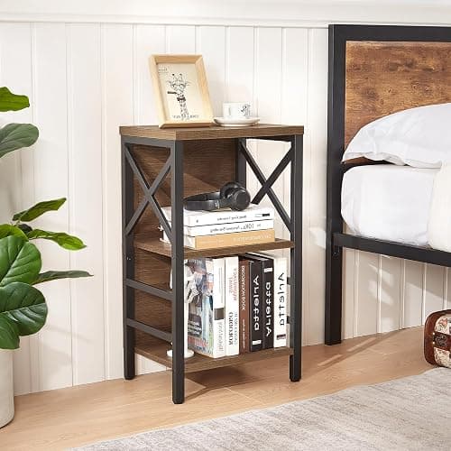 MNEETRUNG Small Bookshelf,3 Tier Industrial Bookcase with Metal Frame and Backboard,Low Rustic Brown Book Shelf,Book case for Small Spaces,Living Room,Bedroom and Home Office thumbnail 4