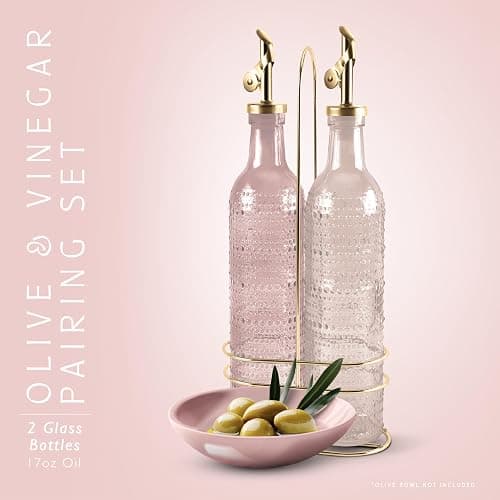 COOK WITH COLOR Glass Olive Oil Bottle Dispenser - 2 Pack- 17oz Oil and Vinegar Cruet - Olive Oil Carafe Decanter for Kitchen, Champagne Bubbles, Pink thumbnail 3