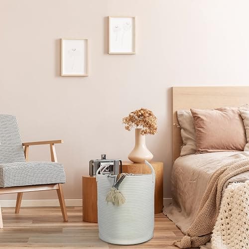 XUANGUO Cotton Rope Laundry Basket Hamper for Clothes Decorative Woven Storage Basket for Living Room Bedroom Boho Tall Rope Baskets for Blanket Toys Baby Nursery Hamper Bin Large white thumbnail 5