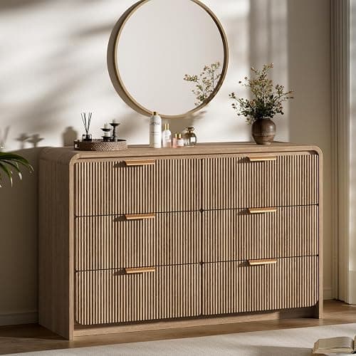 HOTALLOY 47" Wide Fluted 6 Drawer Dresser for Bedroom, Chest of Drawers with Curved Profile Design, Modern Wood Closet Clothes Storage Organizer for Bedroom, Living Room, Hallway, Light Walnut thumbnail 8