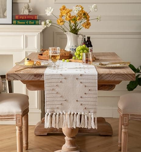 Boho Table Runner 13 x 72 Inch Long Natural Cotton Woven Runner with Tassels for Home Dining Table décor, for Modern Farmhouse Decor Coffee Table Runner, Taupe and Beige thumbnail 6