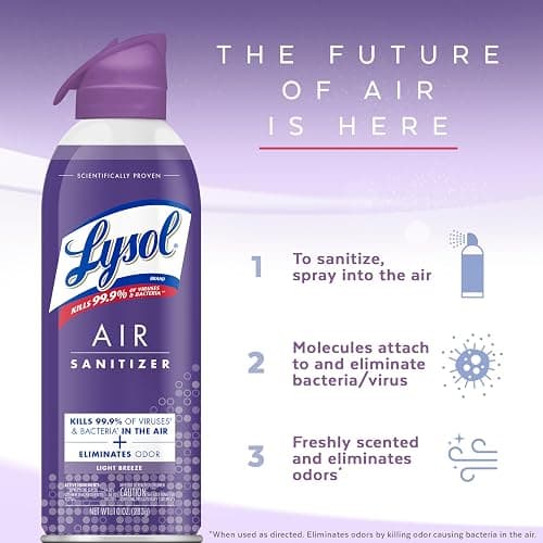 Lysol Air Sanitizer Spray with Bacterial Odor Eliminator for Home & Office, Sanitizing Air Spray, Air Freshener Alternative, Light Breeze Scent, 10 oz (Pack of 3) thumbnail 4