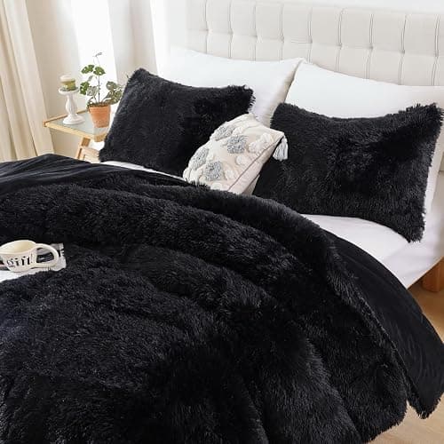 Smoofy Fluffy Queen Comforter Set, Faux Fur Black Comforter Set Queen Size, Luxury Fuzzy Bedding Set, Soft Shaggy Bed Set for All Season, 3 Pieces - 1 Comforter & 2 Pillowcases thumbnail 3