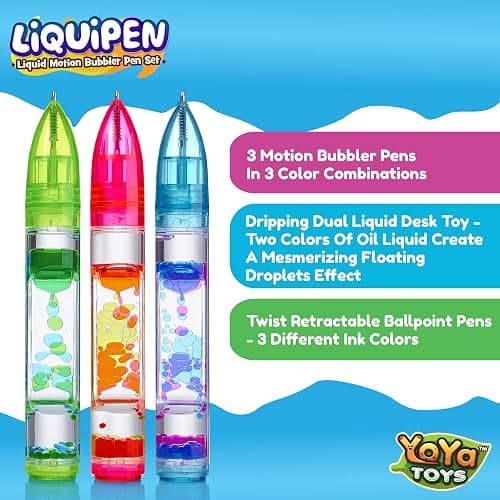 YoYa Toys Liquipen - Liquid Motion Bubbler Pen Toy (3 Pack) - 3 Colors - Colorful Timer Pens for Focus, Stress & Anxiety Relief - Fun Desk Fidget Toy for School & Office - Great Gift for Kids & Adults thumbnail 2