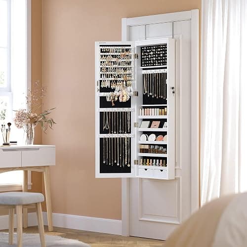 SONGMICS 6 LEDs Mirror Jewelry Cabinet, 47.2-Inch Tall Lockable Wall or Door Mounted Jewelry Armoire Organizer with Mirror, 2 Drawers, Christmas Gift, 3.9 x 14.6 x 47.2 Inches, White thumbnail 8