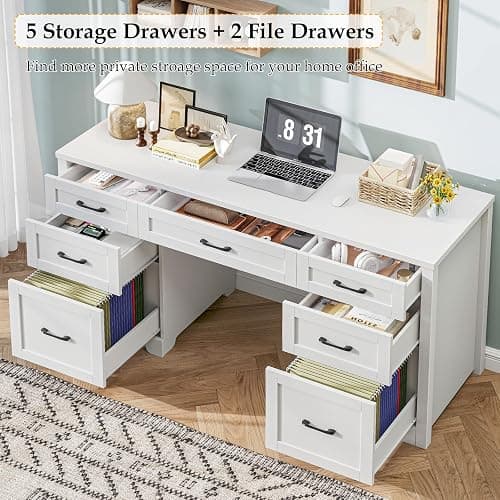 BonVache Executive Desk with 7 Drawers, Cream White | Farmhouse 61'' Rustic Office Desk Computer Table with File Drawers, Wood Workstation for Home Office and Study thumbnail 5