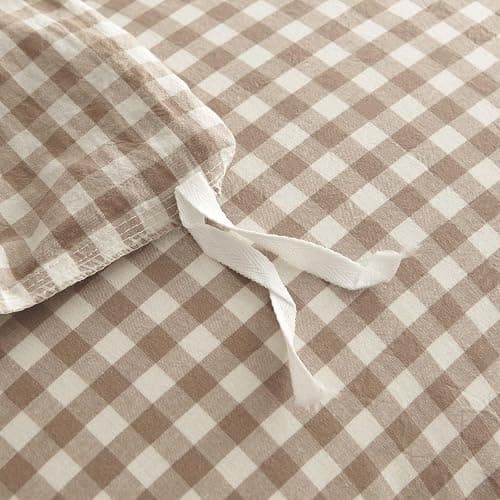 Nayoroom Gingham Duvet Cover Queen Size 100% Washed Cotton Brown Tan Plaid Checkered Comforter Cover 3 Pcs Soft Breathable Grid Farmhouse Dorm Bedding Set for All Seasons thumbnail 6