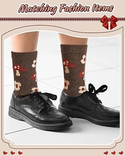 Janmercy 2 Pairs Mushroom Crew Sock Wool Mushroom Socks Classic Flower Socks Women Novelty Socks Casual Women's Socks (Flower) thumbnail 6