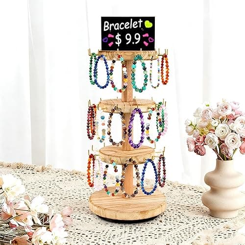 FoToxi 3 Tier Bracelet Holder,Wooden Rotating Bracelet Display Stand with 36 Hooks and Tray,360°Rotating Jewelry Holder Organzier for Bracelet, KeyChain, Necklace, Jewelr thumbnail 3